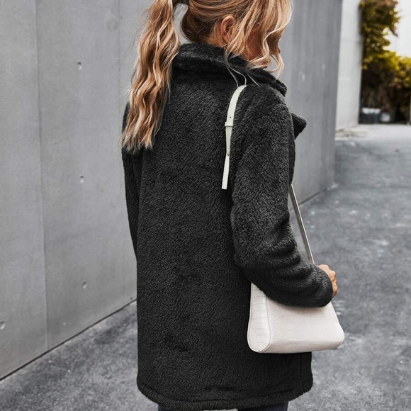 black comfy button pocket teddy trench  jacket - Picture 10 of 11